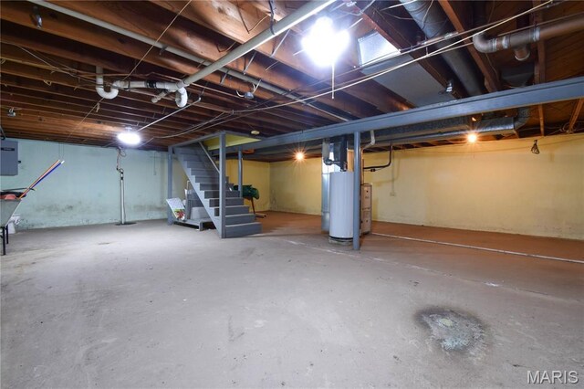 411 S Walnut St, Mount Olive, IL 62069 - unfinished below grade area featuring stairs, water heater, and electric panel