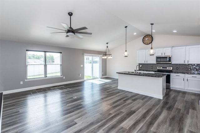 312 Andy Habsieger St, Festus, MO 63028 - kitchen with appliances with stainless steel finishes, open floor plan, vaulted ceiling, a sink, and a ceiling fan