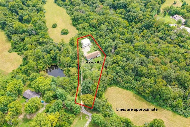 4090 E Pelot Ln, Alton, IL 62002 - aerial view of property and surrounding area featuring property parcel outlined and a heavily wooded area