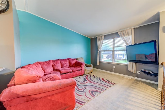 1625 Knightwood Ln, Ofallon, MO 63366 - living room featuring lofted ceiling, carpet floors, and baseboards