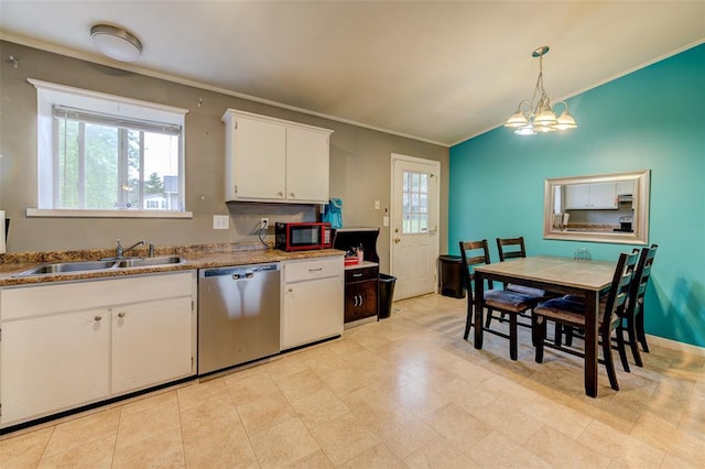 1625 Knightwood Ln, Ofallon, MO 63366 - kitchen with dishwasher, a sink, crown molding, white cabinets, and pendant lighting