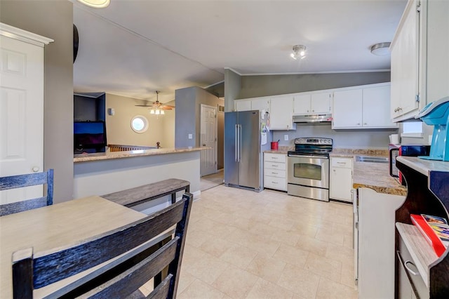 1625 Knightwood Ln, Ofallon, MO 63366 - kitchen with appliances with stainless steel finishes, lofted ceiling, under cabinet range hood, white cabinets, and a ceiling fan