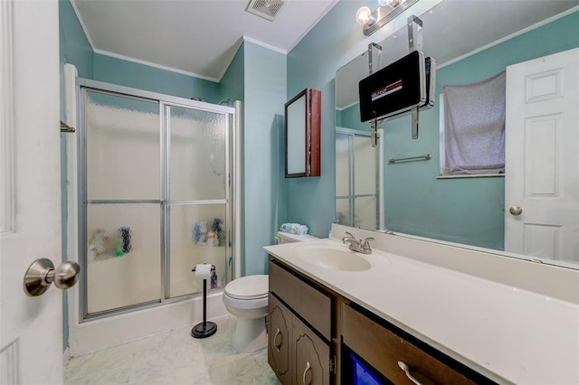 1625 Knightwood Ln, Ofallon, MO 63366 - full bathroom with a stall shower, vanity, toilet, crown molding, and marble look tile flooring