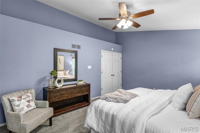4667 Meramec Blvd, Eureka, MO 63025 - carpeted bedroom featuring vaulted ceiling, baseboards, a ceiling fan, and a closet