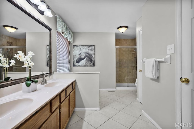 4667 Meramec Blvd, Eureka, MO 63025 - bathroom featuring a shower stall, tile patterned floors, double vanity, toilet, and baseboards