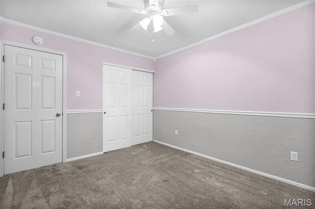 4667 Meramec Blvd, Eureka, MO 63025 - unfurnished bedroom featuring ornamental molding, carpet floors, a closet, baseboards, and a ceiling fan