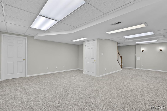 4667 Meramec Blvd, Eureka, MO 63025 - finished basement with a paneled ceiling, stairs, carpet floors, and baseboards