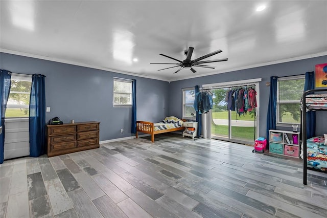 11454 State Highway 72, Millersville, MO 63766 - bedroom with access to exterior, wood finished floors, crown molding, baseboards, and ceiling fan