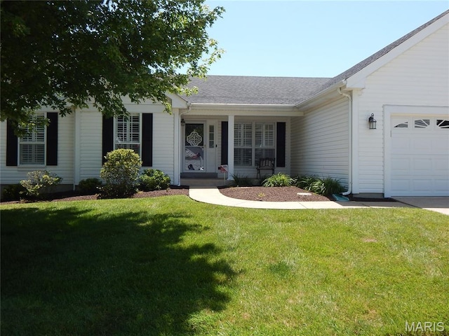16350 Black Cherry Dr, Wildwood, MO 63040 - ranch-style house featuring a front lawn, an attached garage, and a shingled roof