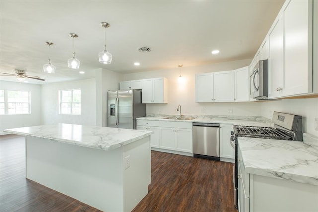 702 E Warren St, Bunker Hill, IL 62014 - kitchen with stainless steel appliances, a sink, dark wood-type flooring, recessed lighting, and a kitchen island