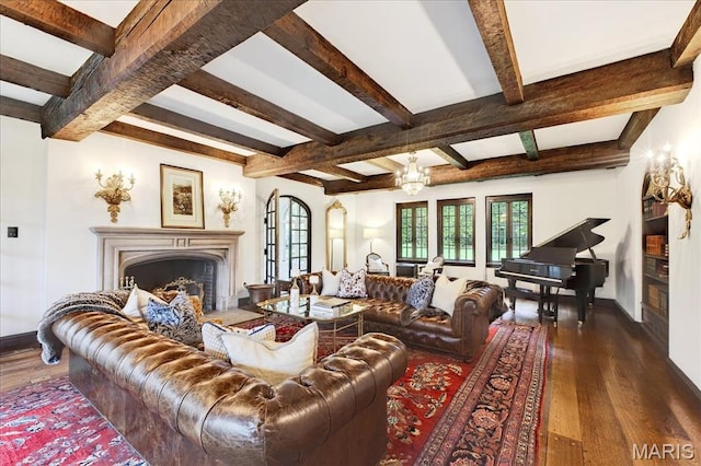 32 Woodoaks Trl, Ladue, MO 63124 - living room featuring dark wood-style floors, beamed ceiling, a fireplace, and a chandelier