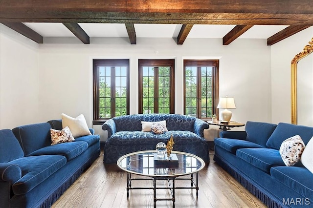 32 Woodoaks Trl, Ladue, MO 63124 - living room with wood-type flooring and beamed ceiling