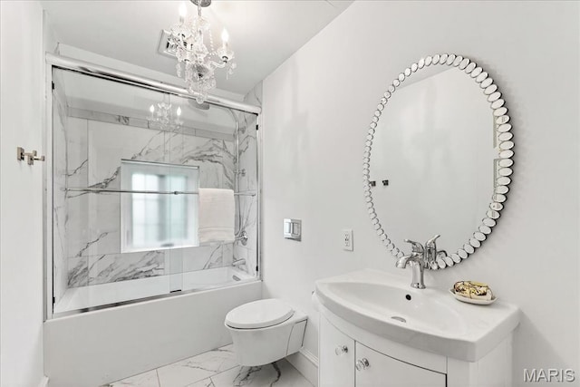 32 Woodoaks Trl, Ladue, MO 63124 - bathroom featuring marble finish floors, vanity, enclosed tub / shower combo, and a chandelier