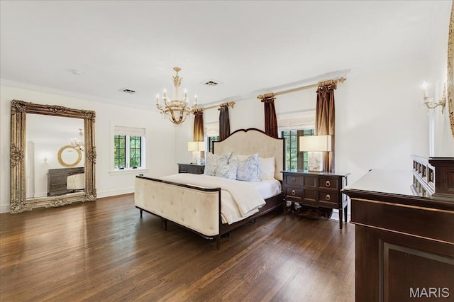 32 Woodoaks Trl, Ladue, MO 63124 - bedroom featuring a chandelier, dark wood finished floors, and ornamental molding