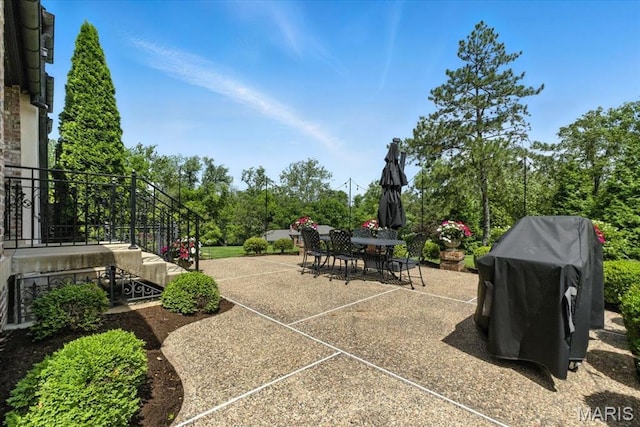 32 Woodoaks Trl, Ladue, MO 63124 - view of patio featuring outdoor dining space and grilling area