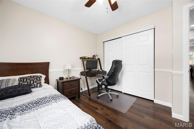 4163 Attleboro Ct, Saint Charles, MO 63304 - bedroom with dark wood-type flooring, baseboards, a closet, a ceiling fan, and an office area