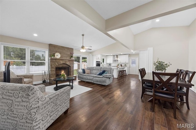 4163 Attleboro Ct, Saint Charles, MO 63304 - living area featuring lofted ceiling, ceiling fan, dark wood finished floors, a fireplace, and recessed lighting