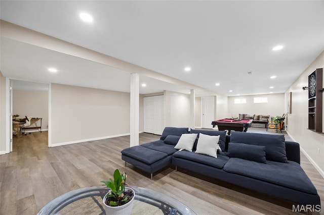 4163 Attleboro Ct, Saint Charles, MO 63304 - living room with pool table, wood finished floors, baseboards, and recessed lighting