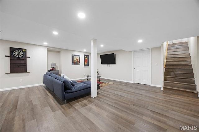 4163 Attleboro Ct, Saint Charles, MO 63304 - living area with wood finished floors, stairs, recessed lighting, and baseboards