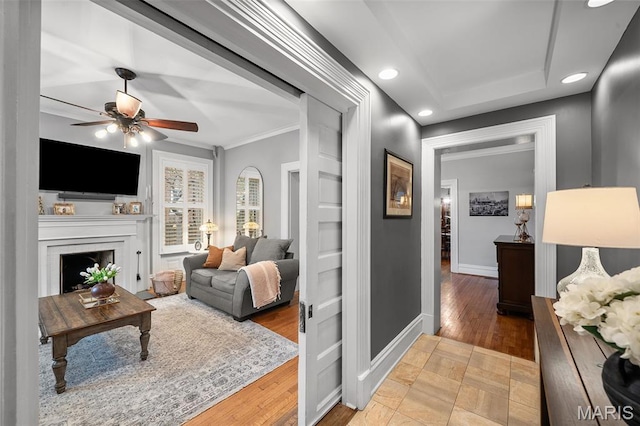 232 N Newstead Ave, Saint Louis, MO 63108 - living room featuring a ceiling fan, baseboards, a fireplace, light wood-style floors, and recessed lighting