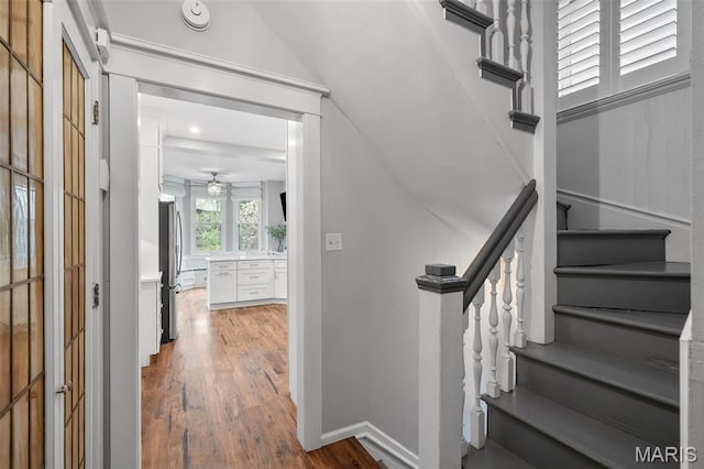 232 N Newstead Ave, Saint Louis, MO 63108 - staircase with wood finished floors, a ceiling fan, lofted ceiling, and baseboards