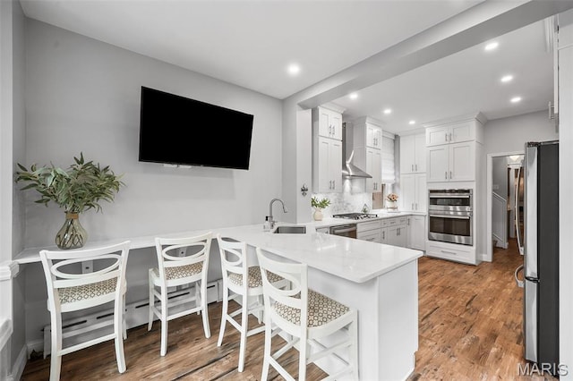 232 N Newstead Ave, Saint Louis, MO 63108 - kitchen featuring wall chimney exhaust hood, a peninsula, a sink, appliances with stainless steel finishes, and light wood-style flooring