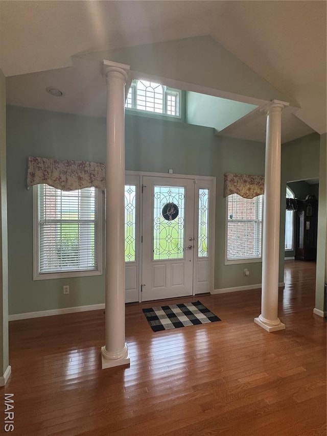 8847 State Route 14th Hwy, Duquoin, IL 62832 - foyer with decorative columns, baseboards, wood finished floors, and lofted ceiling