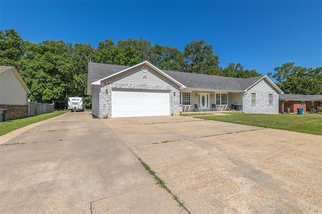 2865 Vaughn Ave, Poplar Bluff, MO 63901 - ranch-style house with an attached garage, concrete driveway, a front yard, a porch, and brick siding