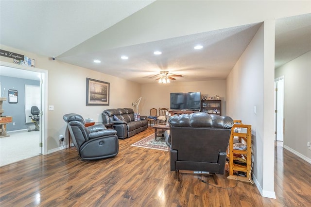 2865 Vaughn Ave, Poplar Bluff, MO 63901 - living room with wood finished floors, ceiling fan, baseboards, lofted ceiling, and recessed lighting
