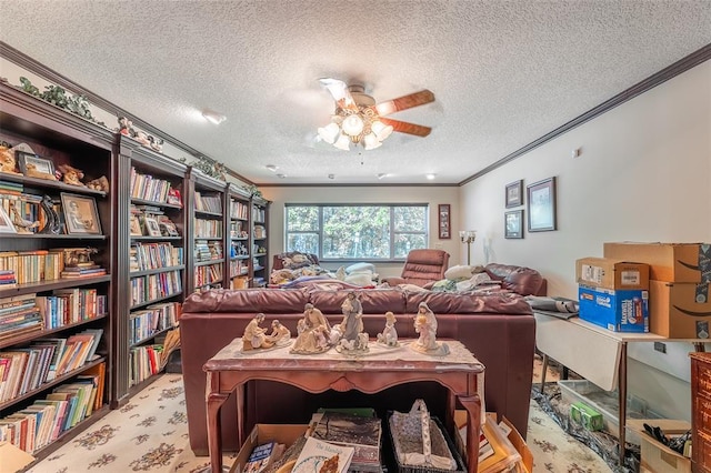 2865 Vaughn Ave, Poplar Bluff, MO 63901 - living room featuring ornamental molding, a textured ceiling, ceiling fan, and light colored carpet