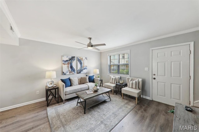 8854 Flamingo Ct, Saint Louis, MO 63144 - living room with crown molding, wood finished floors, baseboards, and a ceiling fan