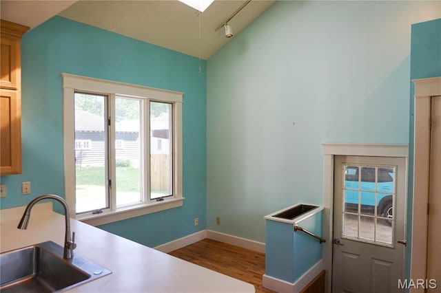 301 S Meramec St, St James, MO 65559 - unfurnished office with wood finished floors, healthy amount of natural light, vaulted ceiling, a skylight, and rail lighting