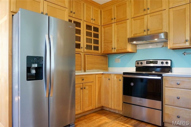 301 S Meramec St, St James, MO 65559 - kitchen with stainless steel appliances, under cabinet range hood, light countertops, light wood finished floors, and glass insert cabinets