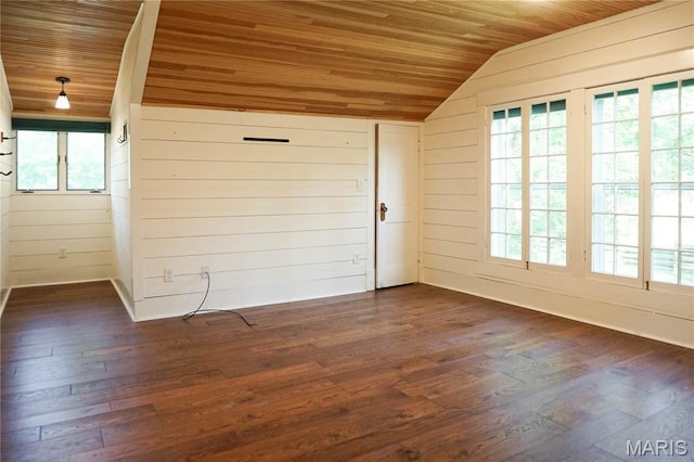 301 S Meramec St, St James, MO 65559 - empty room featuring wood ceiling, vaulted ceiling, plenty of natural light, wooden walls, and dark wood-style floors