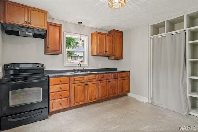 233 Oconnell St, Cape Girardeau, MO 63701 - kitchen featuring electric range, under cabinet range hood, a sink, brown cabinets, and dark countertops