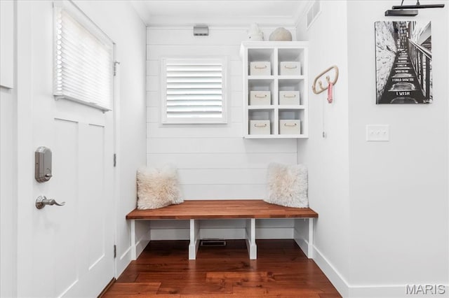 7723 Dale Ave, Richmond Heights, MO 63117 - mudroom featuring ornamental molding, wood finished floors, and baseboards