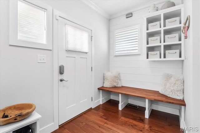 7723 Dale Ave, Richmond Heights, MO 63117 - mudroom featuring dark wood-style flooring, baseboards, and crown molding