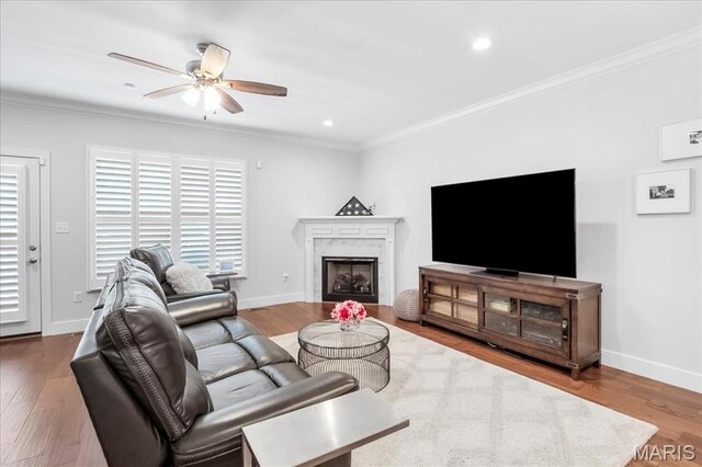 7723 Dale Ave, Richmond Heights, MO 63117 - living room with ceiling fan, crown molding, wood finished floors, recessed lighting, and a high end fireplace