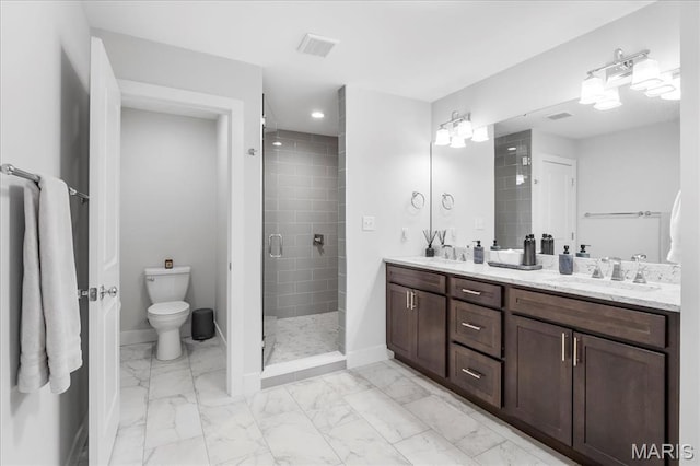 7723 Dale Ave, Richmond Heights, MO 63117 - bathroom with double vanity, marble finish floors, a stall shower, toilet, and baseboards