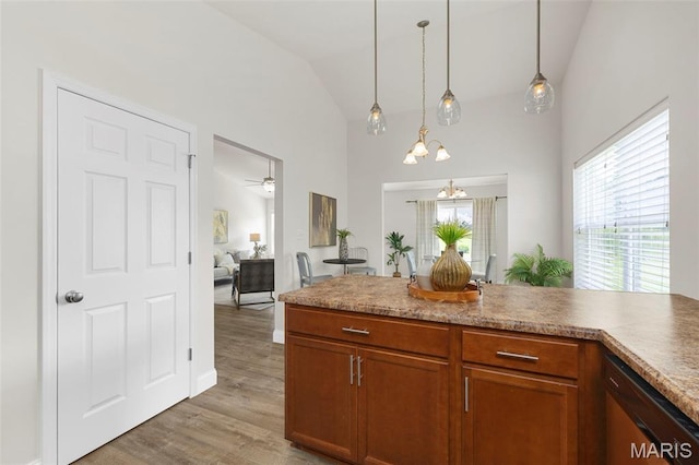 119 Hidden Bluffs Dr, Lake St Louis, MO 63367 - kitchen featuring dishwasher, pendant lighting, light wood-style flooring, ceiling fan, and brown cabinetry