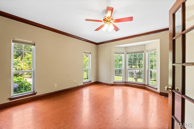 1519 Scofield Valley Ln, Wildwood, MO 63038 - empty room featuring plenty of natural light, tile patterned floors, a ceiling fan, and ornamental molding