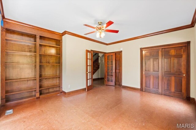 1519 Scofield Valley Ln, Wildwood, MO 63038 - unfurnished bedroom featuring tile patterned floors, ornamental molding, french doors, and ceiling fan