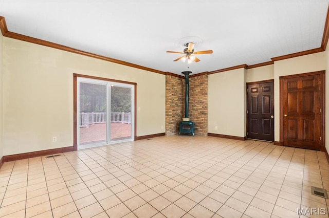 1519 Scofield Valley Ln, Wildwood, MO 63038 - unfurnished living room featuring a wood stove, ceiling fan, crown molding, and light tile patterned floors