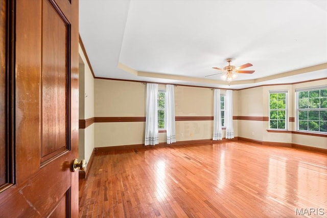 1519 Scofield Valley Ln, Wildwood, MO 63038 - empty room with a raised ceiling, a ceiling fan, and light wood-style floors