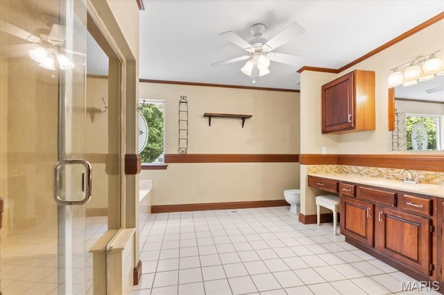 1519 Scofield Valley Ln, Wildwood, MO 63038 - full bath with a ceiling fan, vanity, plenty of natural light, a shower stall, and ornamental molding