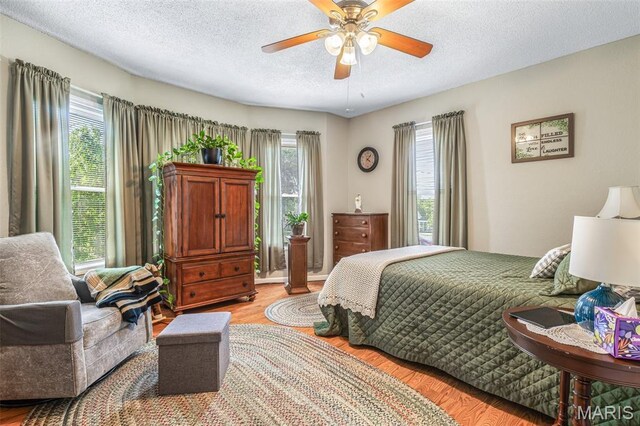 406 N Division St, Bonne Terre, MO 63628 - bedroom featuring light wood-style flooring, multiple windows, a textured ceiling, and a ceiling fan