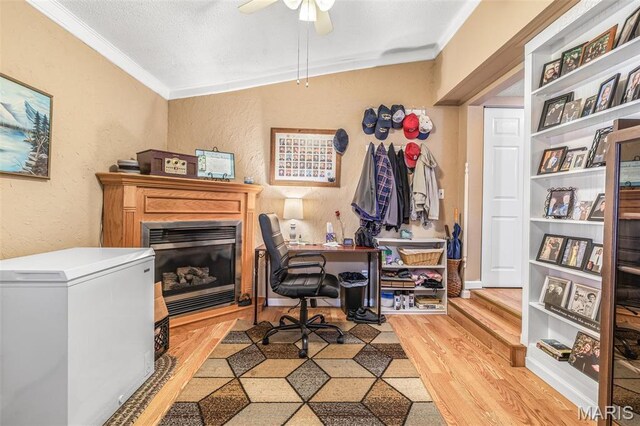 406 N Division St, Bonne Terre, MO 63628 - office area featuring light wood-style floors, ornamental molding, a textured wall, a glass covered fireplace, and ceiling fan