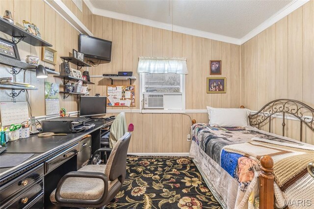 406 N Division St, Bonne Terre, MO 63628 - bedroom featuring crown molding, an office area, carpet floors, wooden walls, and cooling unit