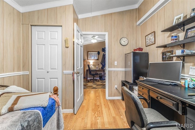 406 N Division St, Bonne Terre, MO 63628 - office featuring attic access, crown molding, light wood-type flooring, wooden walls, and ceiling fan