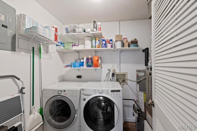 1001 Windstream Dr Unit 32, Saint Peters, MO 63376 - laundry area featuring washer and clothes dryer, gas water heater, and wood finished floors
